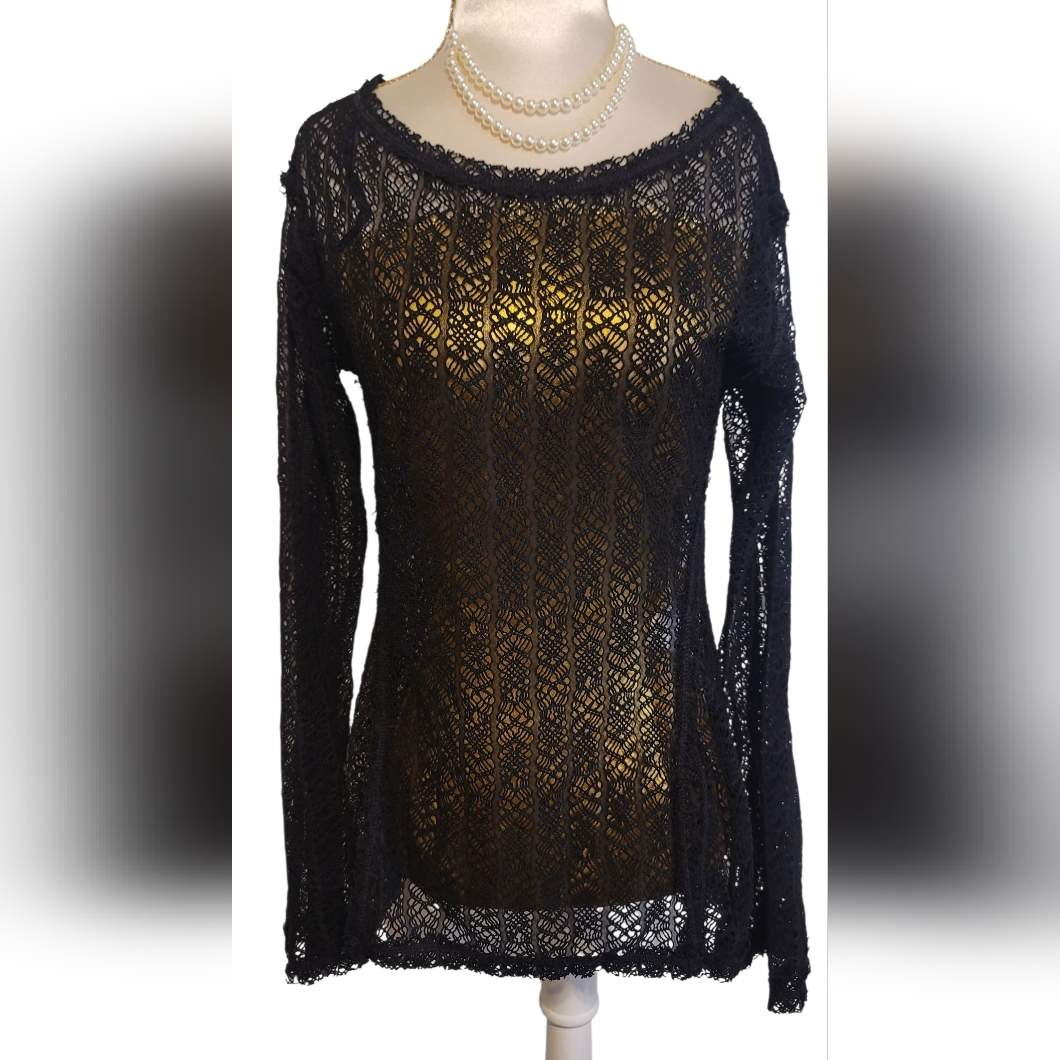Free People On The Road Twisted Tee Black Sheer Knit Lace Slit Long Sleeve Top